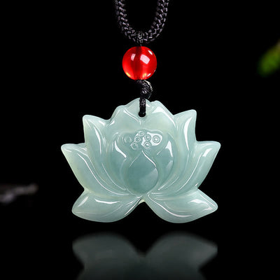 Foviel Lotus Flower Pattern Carved Jade Prosperity Necklace Pendant