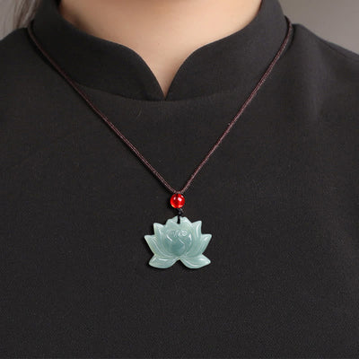 Foviel Lotus Flower Pattern Carved Jade Prosperity Necklace Pendant