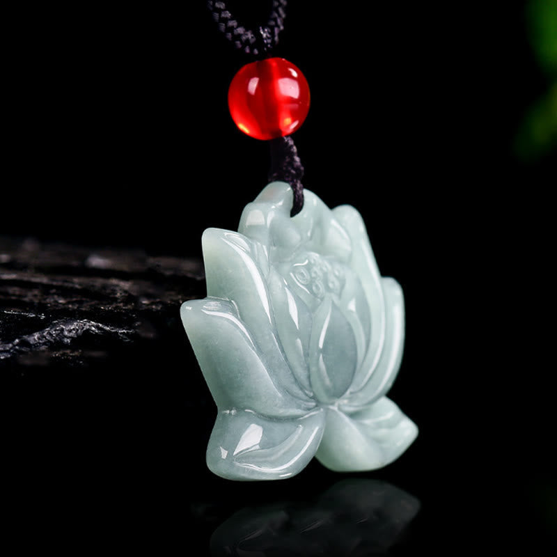 Foviel Lotus Flower Pattern Carved Jade Prosperity Necklace Pendant