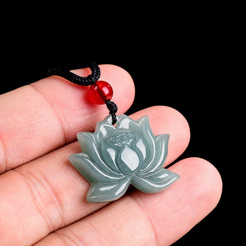 Foviel Lotus Flower Pattern Carved Jade Prosperity Necklace Pendant