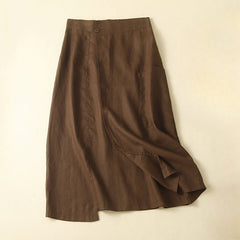 Foviel Vintage Summer Asymmetrical High Waist Women's Cotton Linen Skirt With Pockets