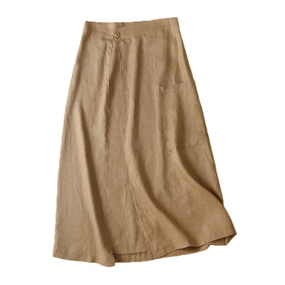 Foviel Vintage Summer Asymmetrical High Waist Women's Cotton Linen Skirt With Pockets