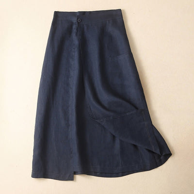 Foviel Vintage Summer Asymmetrical High Waist Women's Cotton Linen Skirt With Pockets