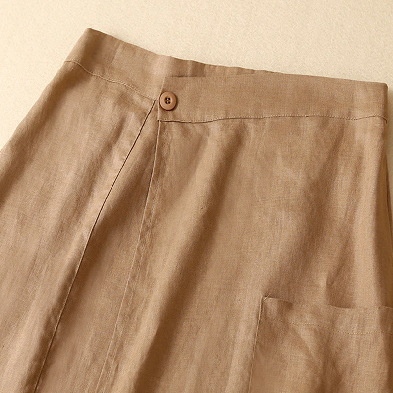 Foviel Vintage Summer Asymmetrical High Waist Women's Cotton Linen Skirt With Pockets