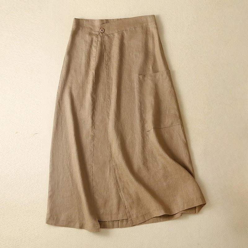 Foviel Vintage Summer Asymmetrical High Waist Women's Cotton Linen Skirt With Pockets