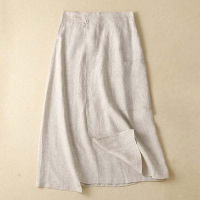 Foviel Vintage Summer Asymmetrical High Waist Women's Cotton Linen Skirt With Pockets