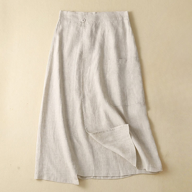 Foviel Vintage Summer Asymmetrical High Waist Women's Cotton Linen Skirt With Pockets