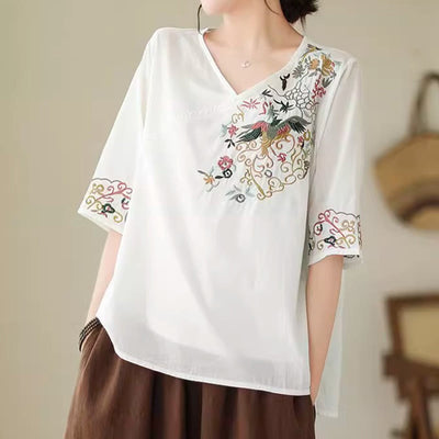 Buddha Stones Casual Colorful embroidery plants bird pattern Women's V-Neck Design Half Sleeve Cotton T-Shirt - image 6
