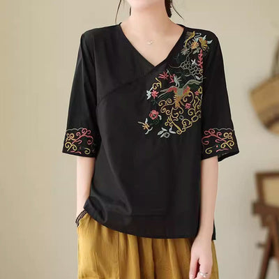 Buddha Stones Casual Colorful embroidery plants bird pattern Women's V-Neck Design Half Sleeve Cotton T-Shirt - image 13