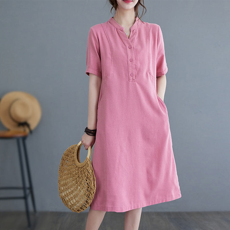 Buddha Stones Casual Daily Pure Color Button Design Short Sleeve Cotton Linen Midi Dress With Pockets - HotPink - US8-10，UK/AU12-14，EU40-42 (2XL) - image 0