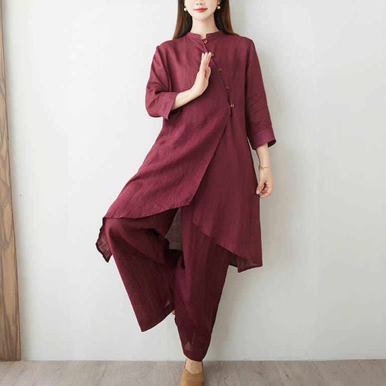 Ensemble Foviel pour femme, 2 pièces, haut à manches trois-quarts et pantalon, en coton et lin, pour la méditation, le zen et le tai-chi