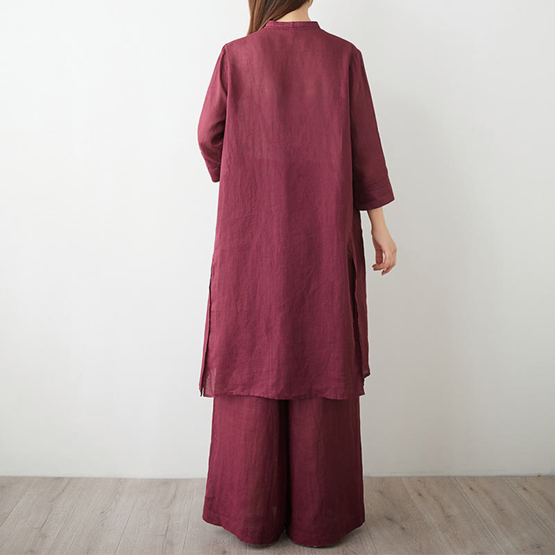 Ensemble Foviel pour femme, 2 pièces, haut à manches trois-quarts et pantalon, en coton et lin, pour la méditation, le zen et le tai-chi
