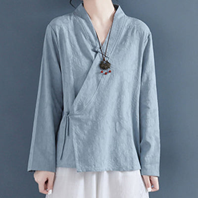 Buddha Stones Casual Solid Color Frog Button Long Sleeve Zen Cotton Linen Women's Shirt - LightSkyBlue - US8-10，UK/AU12-14，EU40-42 (2XL) - image 19