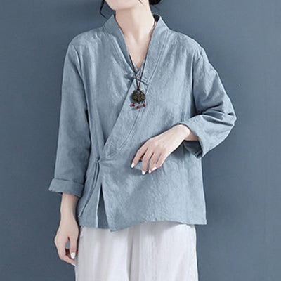 Buddha Stones Casual Solid Color Frog Button Long Sleeve Zen Cotton Linen Women's Shirt - image 20