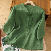 Foviel Casual Embroidered Flowers Button Three Quarter Sleeve Cotton Women's Shirt