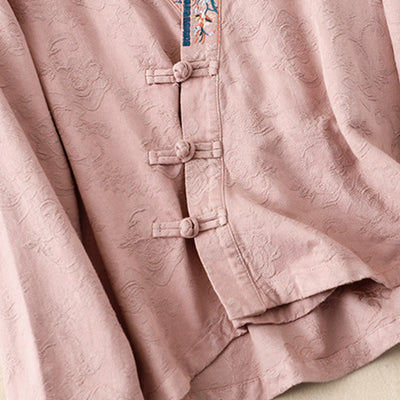 Buddha Stones Embroidered Flowers Grass Frog-Button Long Sleeve Cotton Women's Shirt - image 11