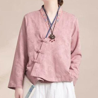 Buddha Stones Embroidered Flowers Grass Frog-Button Long Sleeve Cotton Women's Shirt - image 1