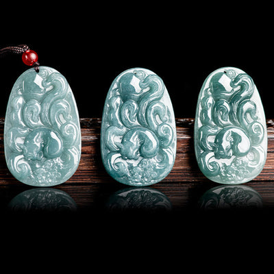 Pendentif collier Foviel en jade vert naturel motif fleur et renard à neuf queues porte-bonheur