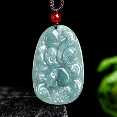 Pendentif collier Foviel en jade vert naturel motif fleur et renard à neuf queues porte-bonheur
