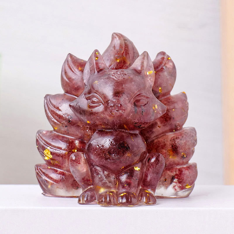 Foviel Kleine verschiedene Stein Erdbeerquarz Amethyst grüner Aventurin Neun Tailed Fox spirituell Wohndekoration