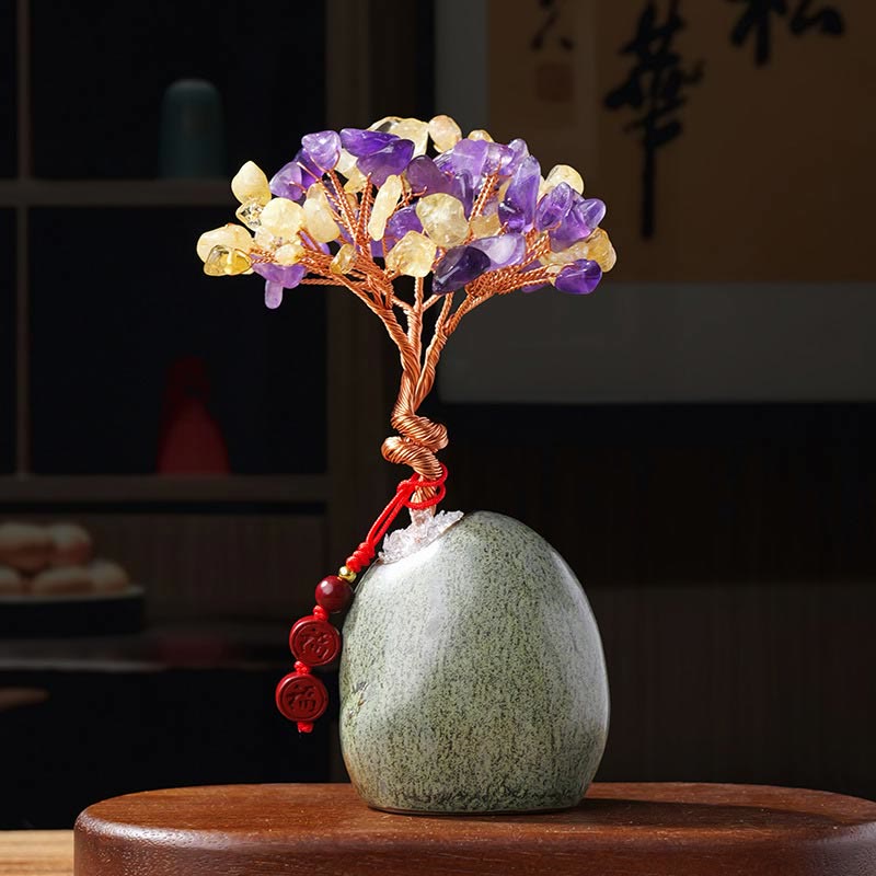 Foviel Citrine Amethyst Green Aventurine Crystal Tree Ceramic Base Prosperity Home Decoration