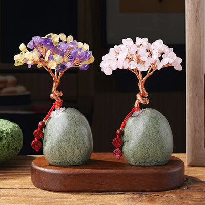 Foviel Citrine Amethyst Green Aventurine Crystal Tree Ceramic Base Prosperity Home Decoration