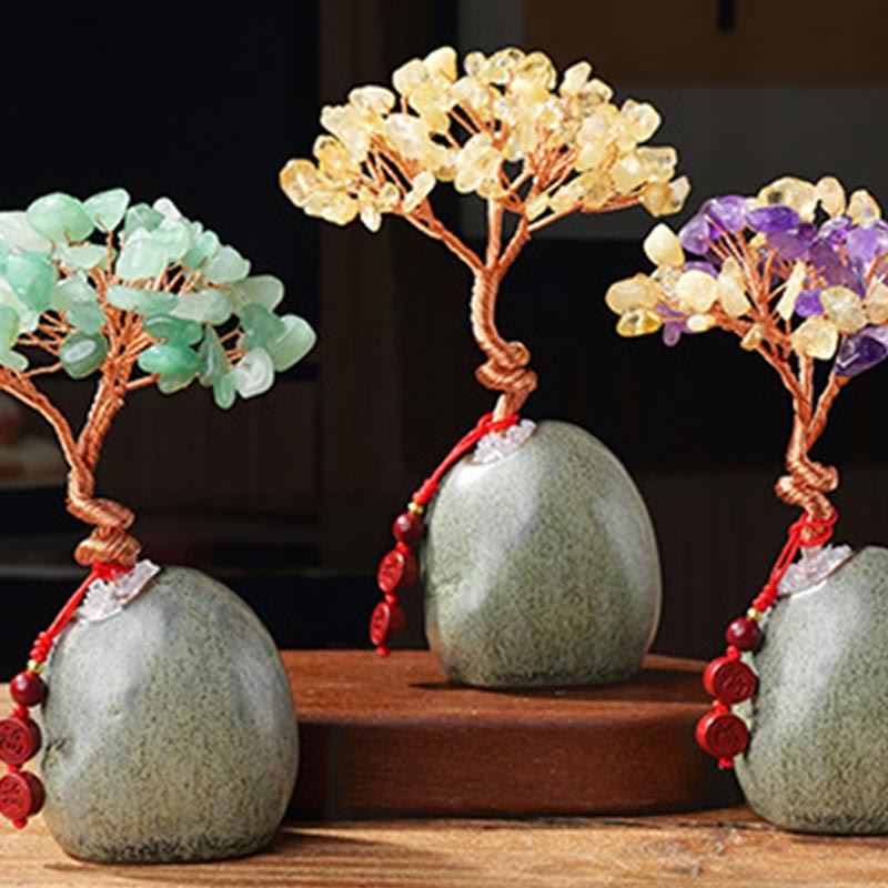 Foviel Citrine Amethyst Green Aventurine Crystal Tree Ceramic Base Prosperity Home Decoration