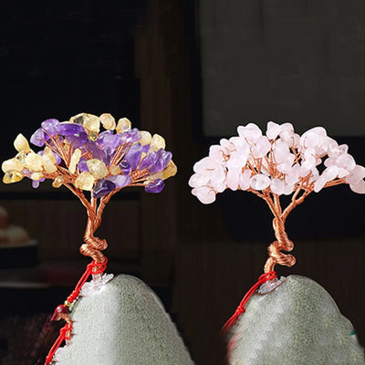 Foviel Citrine Amethyst Green Aventurine Crystal Tree Ceramic Base Prosperity Home Decoration