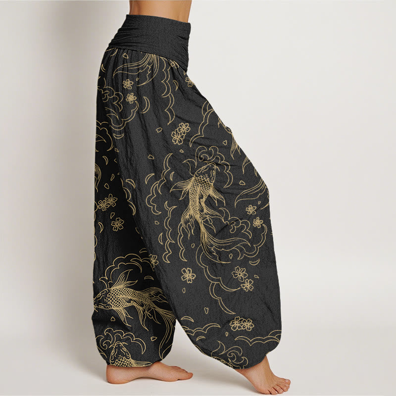 Buddha Stones Cotton Casual Koi Fish Waves And Petal Line Pattern Women's Elastic Waist Harem Pants - image 1