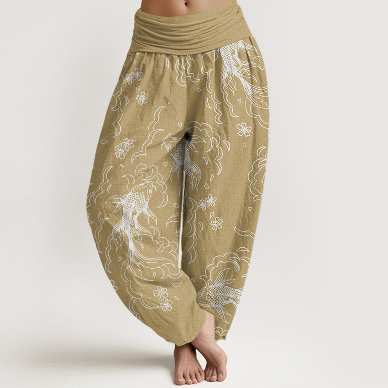 Buddha Stones Cotton Casual Koi Fish Waves And Petal Line Pattern Women's Elastic Waist Harem Pants - PaleGoldenrod - US22，UK/AU26，EU54 (6XL) - image 4