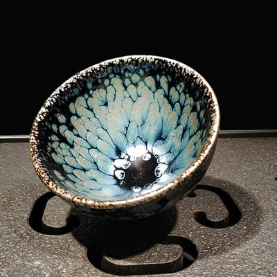Tasse à thé artisanale chinoise Jianzhan Foviel en céramique Tenmoku à taches bleues, 150 ml