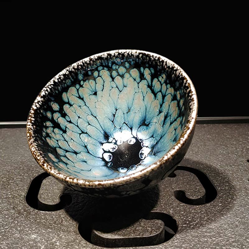 Tasse à thé artisanale chinoise Jianzhan Foviel en céramique Tenmoku à taches bleues, 150 ml
