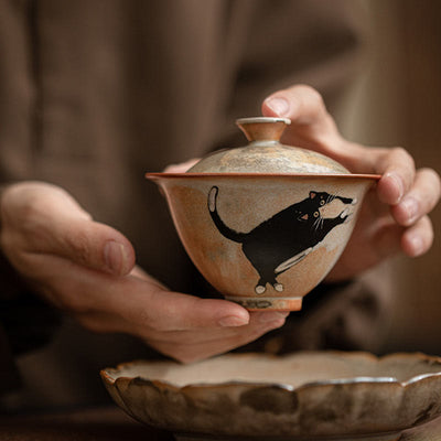 Foviel Cute Cat Ceramic Gaiwan Teacup Kung Fu Tea Cup With Lid 130ml