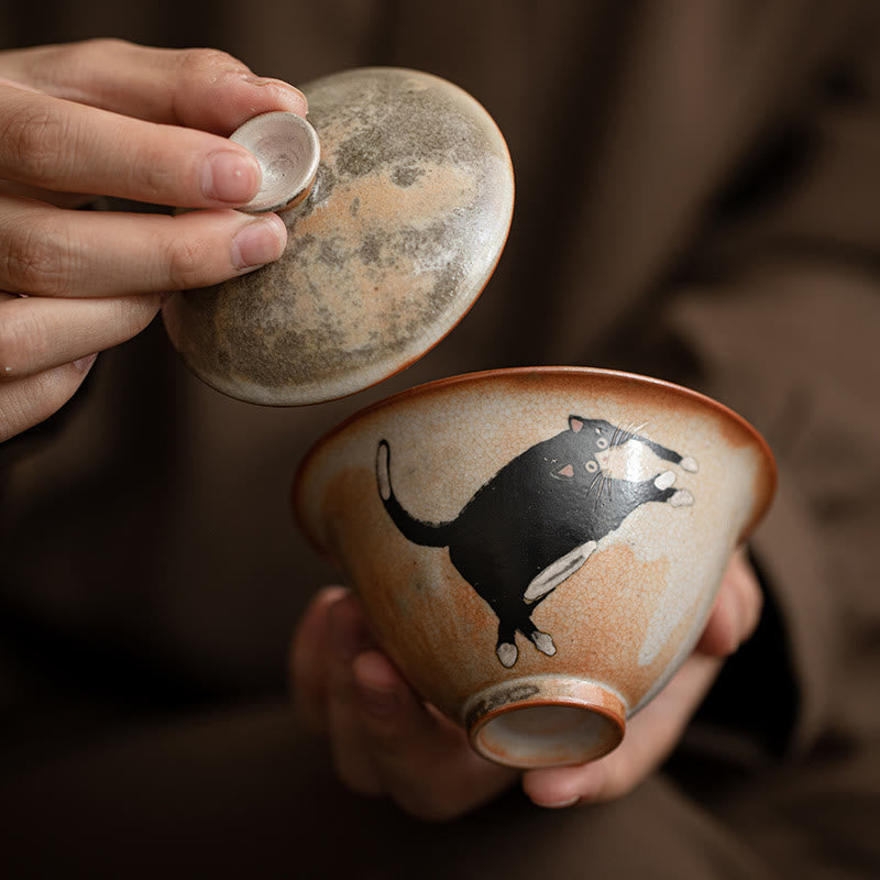 Gaiwan à thé en céramique Foviel motif chat mignon avec couvercle, 130 ml