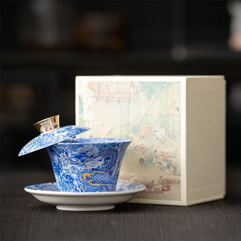 Gaiwan en céramique Foviel style Dunhuang avec dragons, bouddhas et thangka, tasse à thé Kung Fu Sancai avec soucoupe et couvercle, coffret cadeau 180 ml