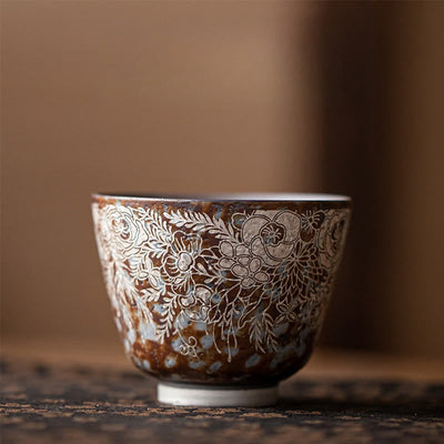 Foviel Brown Flowers In Full Bloom Teacup Kung Fu Tea Cup 100ml With Gift Box