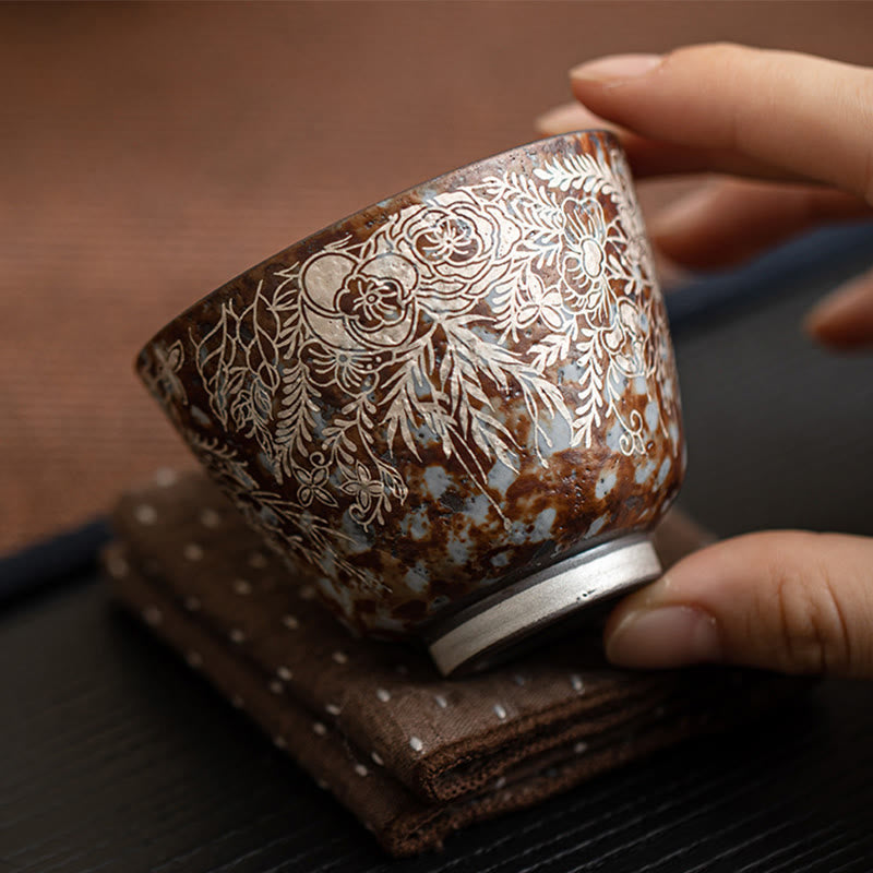 Tasse à thé Kung Fu Foviel Brown Flowers en pleine floraison, 100 ml, avec coffret cadeau
