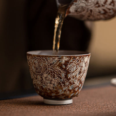 Foviel Brown Flowers In Full Bloom Teacup Kung Fu Tea Cup 100ml With Gift Box