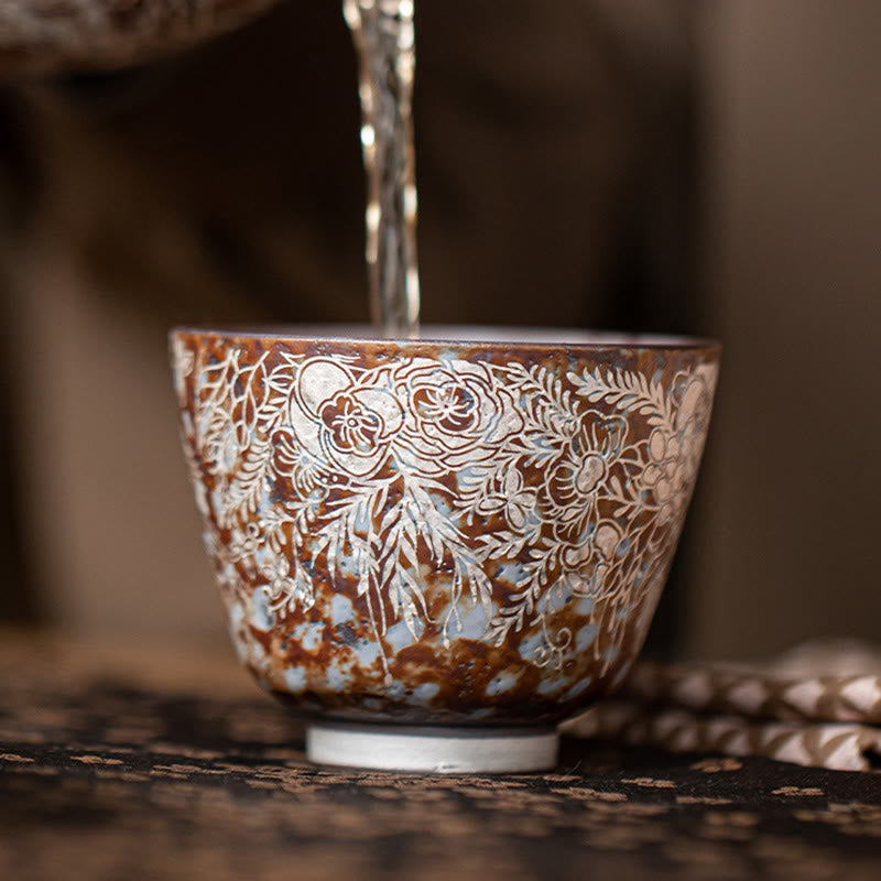 Foviel Brown Flowers In Full Bloom Teacup Kung Fu Tea Cup 100ml With Gift Box