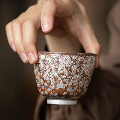 Foviel Brown Flowers In Full Bloom Teacup Kung Fu Tea Cup 100ml With Gift Box