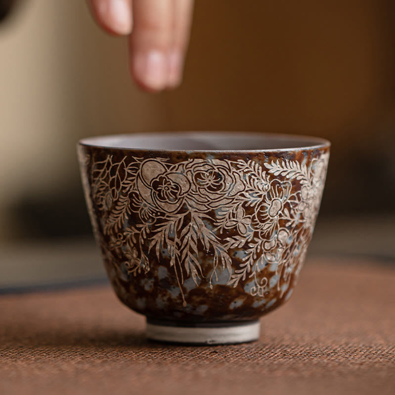 Foviel Brown Flowers In Full Bloom Teacup Kung Fu Tea Cup 100ml With Gift Box