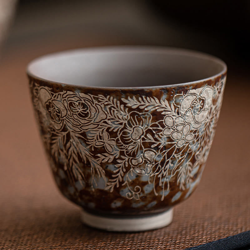 Foviel Brown Flowers In Full Bloom Teacup Kung Fu Tea Cup 100ml With Gift Box