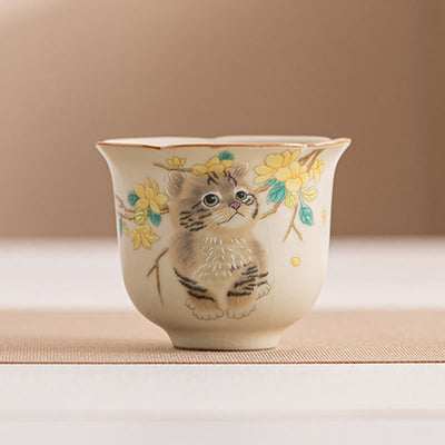 Foviel Cute Cat Yellow Flowers Rabbit Teacup Kung Fu Tea Cup
