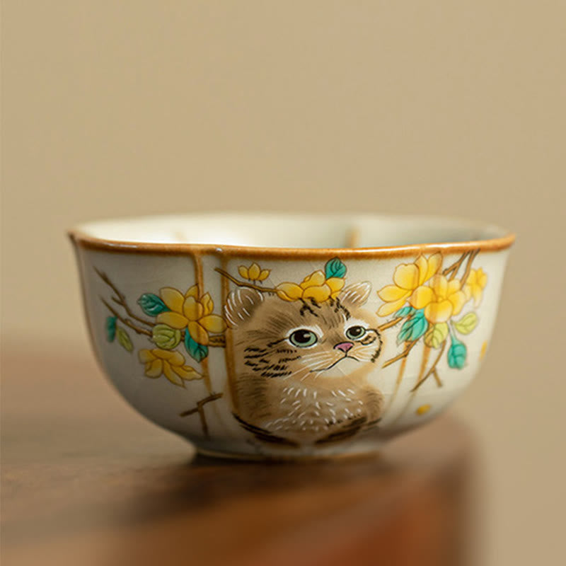 Foviel Cute Cat Yellow Flowers Rabbit Teacup Kung Fu Tea Cup