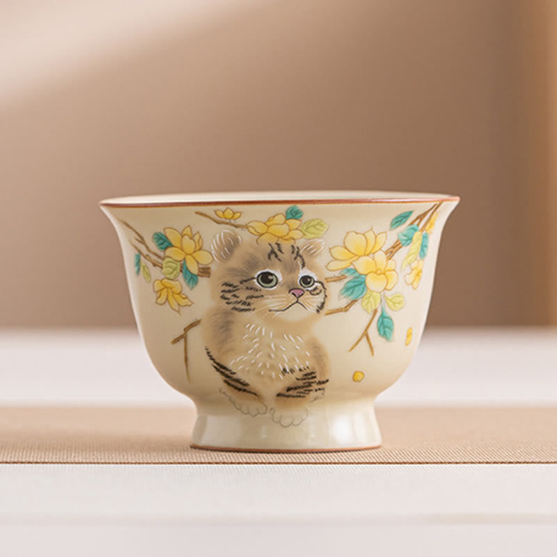 Foviel Cute Cat Yellow Flowers Rabbit Teacup Kung Fu Tea Cup