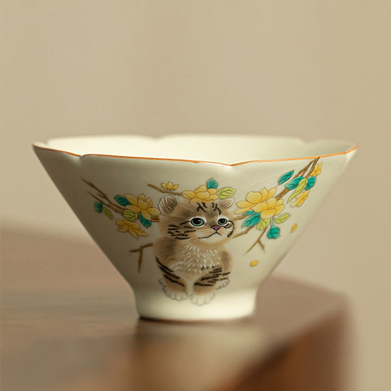 Foviel Cute Cat Yellow Flowers Rabbit Teacup Kung Fu Tea Cup