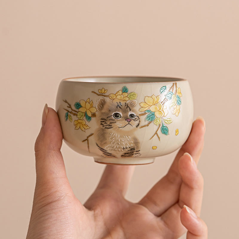 Foviel Cute Cat Yellow Flowers Rabbit Teacup Kung Fu Tea Cup