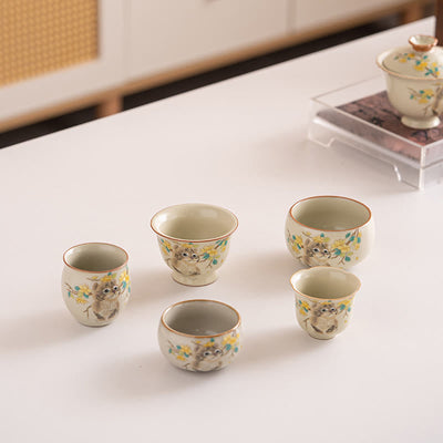 Foviel Cute Cat Yellow Flowers Rabbit Teacup Kung Fu Tea Cup