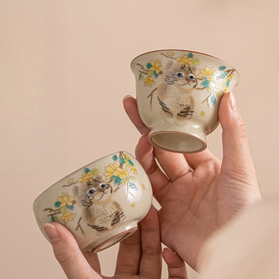 Foviel Cute Cat Yellow Flowers Rabbit Teacup Kung Fu Tea Cup