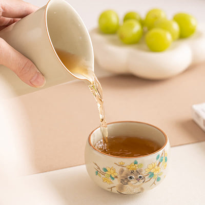 Foviel Cute Cat Yellow Flowers Rabbit Teacup Kung Fu Tea Cup